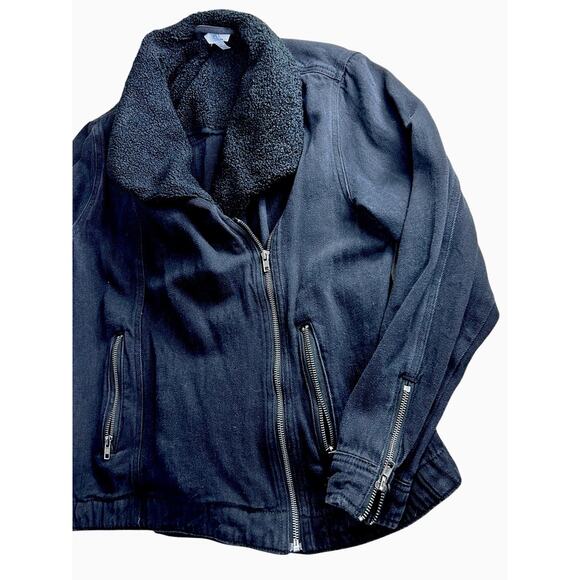 Time and Tru Black Denim Moto Jacket Sz Large 12/14 Sherpa Lined Full Zip Warm - Picture 9 of 9